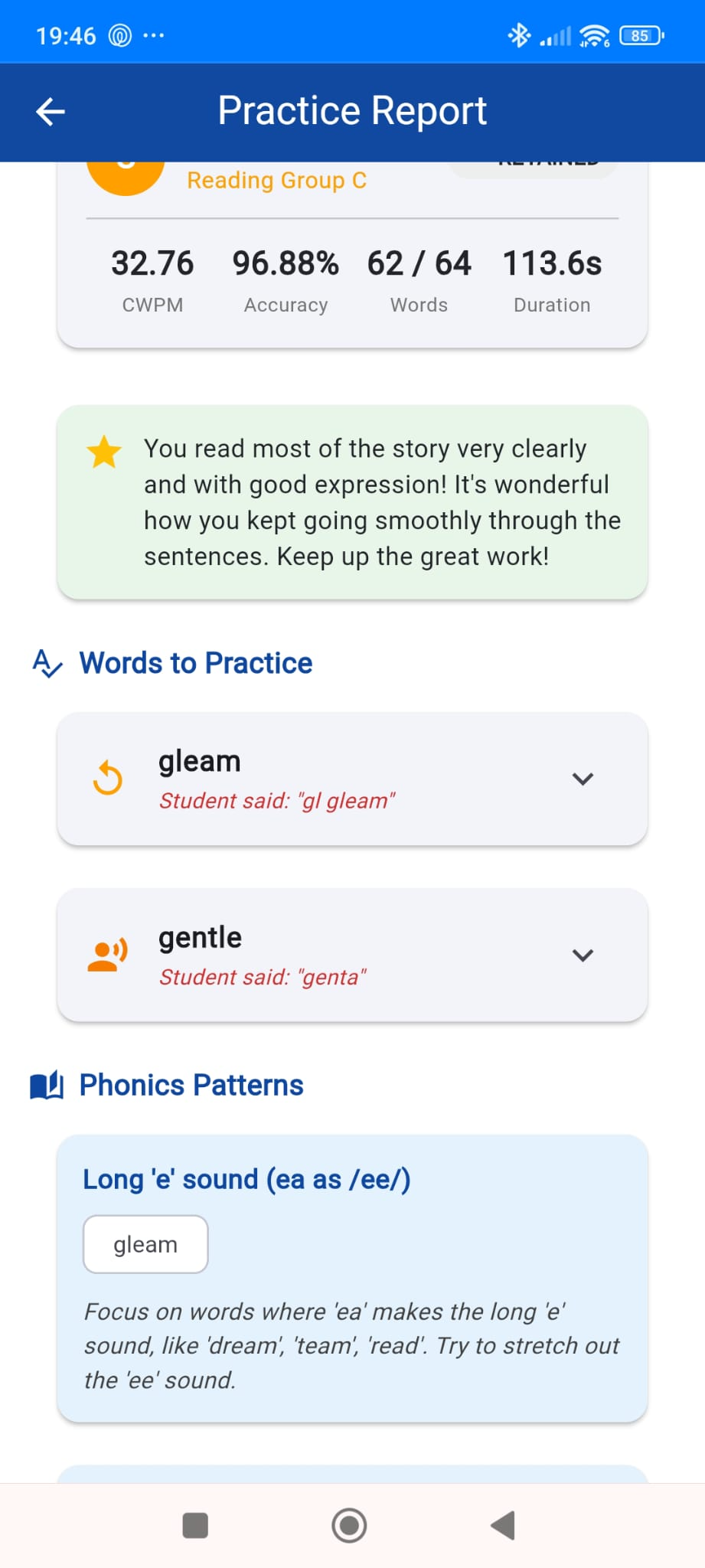 Verbal Wave fluency tracking view with session progression