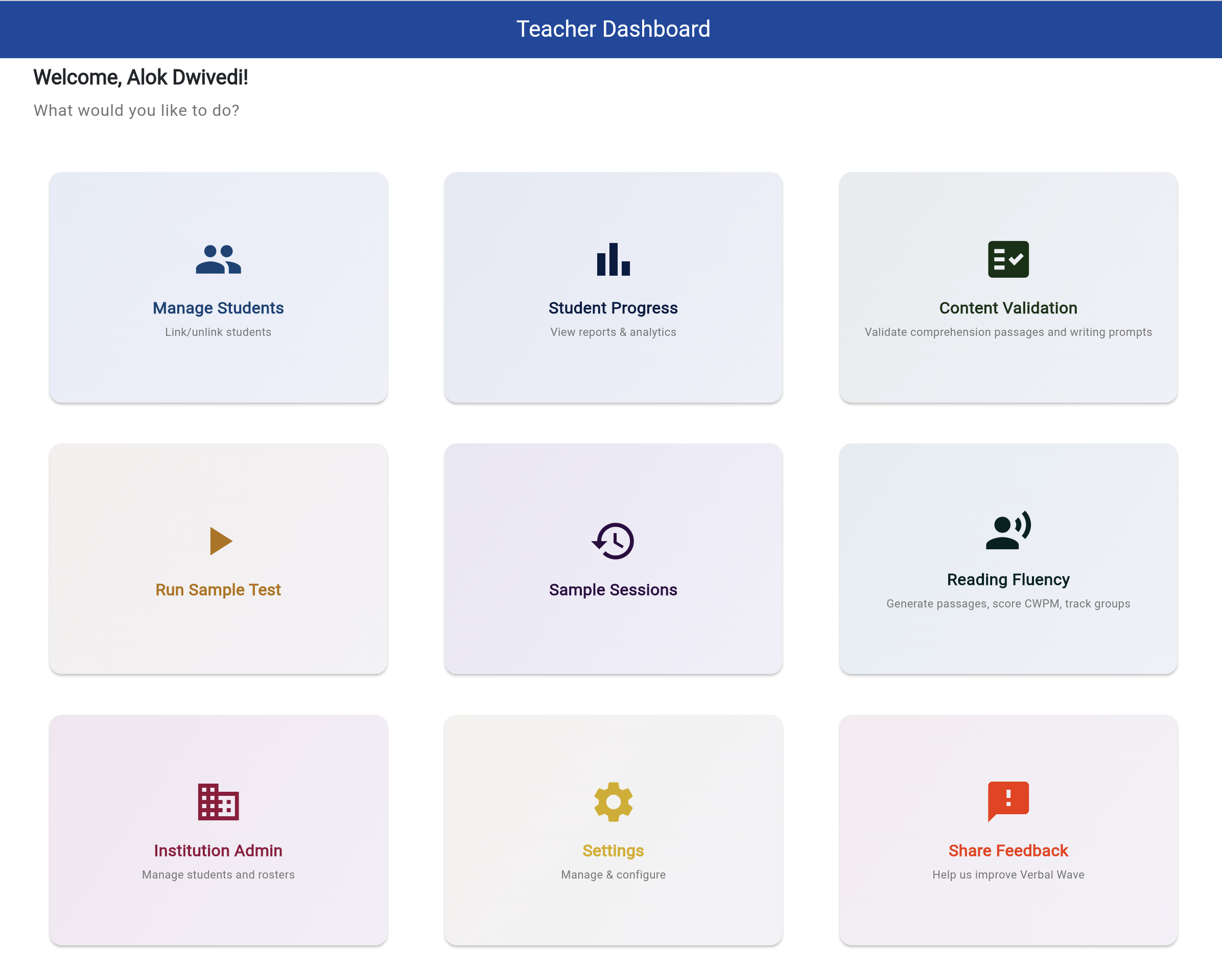 Verbal Wave teacher home: manage students, progress, reading fluency, content validation, and more
